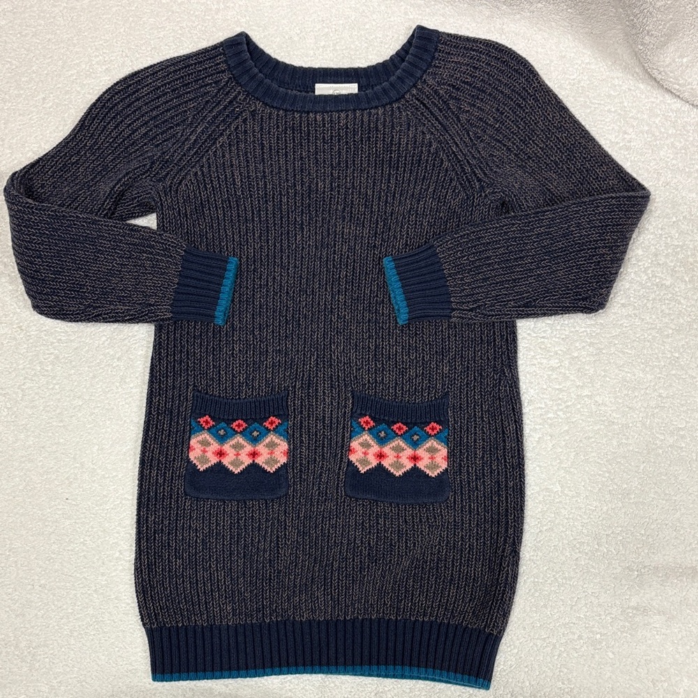 Hanna Andersson Navy sweater Knit Dress Colorful Pockets long sleeve girls 6/7